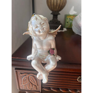 Vintage Pearl Glitter Cherub Angel Ornament Rose Detail Sitting Shelf Sitter
